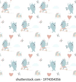 Seamless pattern with cute monsters. A pair of winged blue monsters - a boy and a girl ride a scooter on a white background with a rainbow, clouds and butterflies. Vector. Scandinavian kids collection