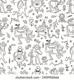 Seamless pattern with cute monsters and plants on white background. Flowers and funny animals poster. Line art childish illustration. Doodle cartoon wallpaper.