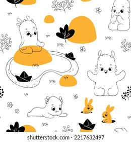 Seamless pattern with cute monsters, rabbits, puddles and boats. in hand drawn style. Seamless background for nursery decor, fabrics, children's textiles, wrapping paper. Vector Illustration