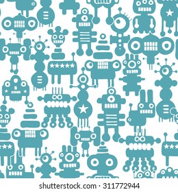 Seamless pattern with cute monsters and robots. Creative vector background.