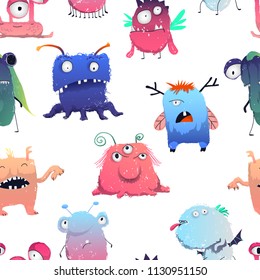 Seamless pattern with cute monsters set. Cartoon characters in color pencil style. Isolated objects on white background. Vector illustration