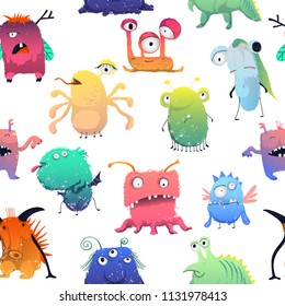 Seamless pattern with cute monsters set. Cartoon characters in color pencil style. Isolated objects on white background. Vector illustration 