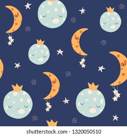 Seamless pattern with cute moon, planet and stars. Kids textile print. Vector hand drawn illustration.