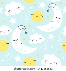 Seamless Pattern With Cute Moon, Stars And Clouds. Kids Background. Vector Illustration