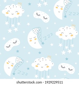 Seamless pattern with cute moon, stars, sleep mask and clouds. Kids background. Vector illustration