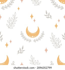 Patrón sin foco con la luna linda, estrellas, ramas y hojas. Impresión infantil para vivero al estilo escandinavo para ropa de bebé, interior, empaque. Ilustración de dibujos animados en colores pastel