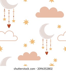 Nahtloses Muster mit dem süßen Mond, den Sternen und den Wolken. Kinderbekleidung für Kindergarten im skandinavischen Stil für Babybekleidung, Innenausstattung, Verpackung. Vektorgrafik in Pastellfarben.