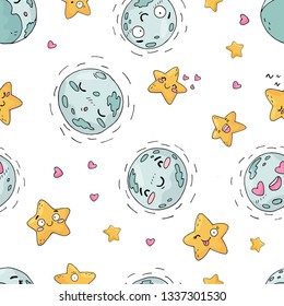 Seamless pattern of cute moons and stars on white background.