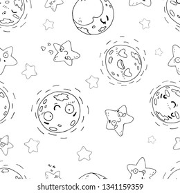 Seamless pattern of cute moons and stars on white background. Character and emotion in cartoon style. Hand draw elements in sketch style