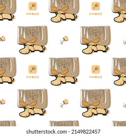 Seamless pattern with cute moose, flower, hand drawing lettering. Vector forest fauna background. Print for textiles, wrapping paper, wallpaper.