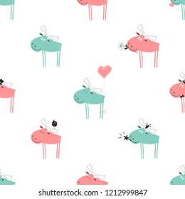 Seamless pattern with cute moose. Funny background for nursery or any textile surface. 
