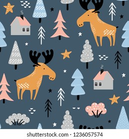 Seamless pattern with cute moose, trees and houses on a blue background. Forest texture with childish cartoon characters in a vector.