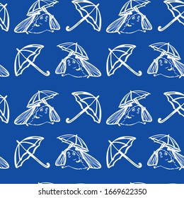 Seamless pattern. Cute moth and umbrella. White on blue. Vector illustration.