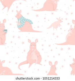Seamless pattern with cute mother kangaroo and her child. Animal character, hand drawn. Cute style for nursery, kids designs, print for children and baby. Vector illustration