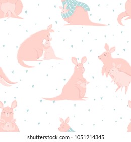 Seamless pattern with cute mother kangaroo and her child. Animal character, hand drawn. Cute style for nursery, kids designs, print for children and baby. Vector illustration