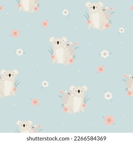 Seamless pattern with cute mother koala and baby on blue background. Creative kids, childish background. Good for textile, fabric, clothing, wrapping paper.