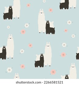 Seamless pattern with cute mother llama and baby on blue background. Creative kids, childish background. Good for textile, fabric, clothing, wrapping paper.