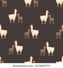 Nahtloses Muster mit süßem Mutter-Lama und Baby auf dunklem Hintergrund. Mutter Alpaca mit Baby Alpaca. Kreative Kinder, kalter Hintergrund. Für Textilien, Gewebe, Kleidung, Umhüllungspapier.