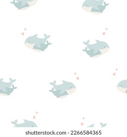 Seamless pattern with cute mother whale and baby on white background. Creative kids, childish background. Good for textile, fabric, clothing, wrapping paper.