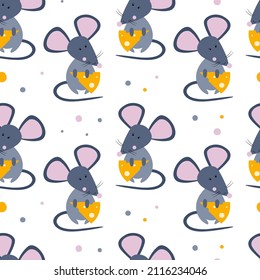 Seamless pattern with cute mouse and cheese in cartoon style