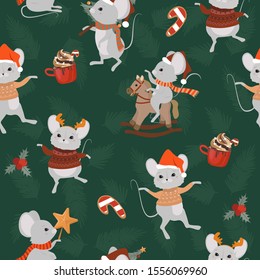 Seamless pattern with cute mouse and christmas elements. Editable vector illustration