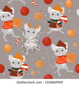 Seamless pattern with cute mouse and christmas elements. Editable vector illustration
