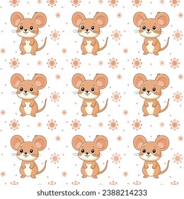 Seamless pattern, cute mouse and flowers on white background