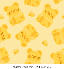 Patrón sin fisuras de linda cabeza de ratón permanecer en el fondo pastel de queso. Rata. Diseño de dibujos animados de animales roedores. Imagen para tarjeta, pegatina, ropa de bebé. Kawaii. Vector. Ilustración.