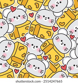 Seamless pattern of cute mouse head stay on cheese with heart sticker background.Rat.Rodent animal character cartoon design.Image for card,sticker,baby clothing.Kawaii.Vector.Illustration.