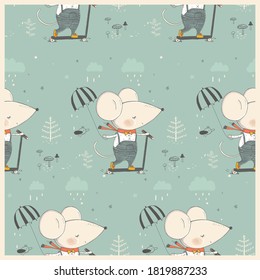 Seamless pattern with Cute mouse ride a scooter. Hand drawn vector illustration. Can be used for t-shirt print, kids wear fashion design, baby shower invitation card.