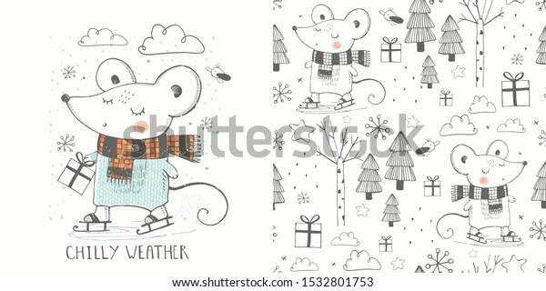 氷や雪の上にかわいいマウススケートを使ったシームレスなパターン カートーンの手描きのベクターイラスト Tシャツのプリントにも使えるし 子どもはファッションデザイン ベビーシャワー招待状を着る のベクター画像素材 ロイヤリティフリー