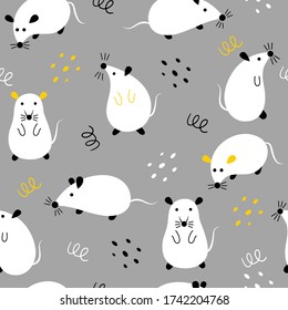 Seamless pattern with cute mouses on a gray background. Childish wallpaper with rats in different positions. 