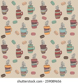 Seamless pattern of cute mug in doodle style with macaroons