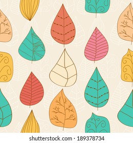 Seamless pattern. Cute multicolor hand drawn leaves. Seamless background can be used for wallpaper, pattern fills, web page background, surface textures.