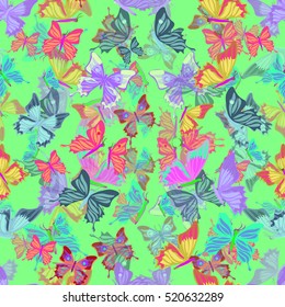 Seamless pattern cute multicolored butterflies fly on green vector illustration