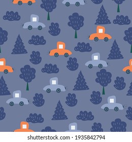 Patrón sin problemas de autos lindos multicolores. Ilustración vectorial sobre fondo azul 