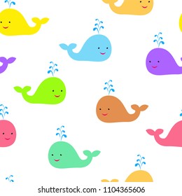 Seamless pattern with cute multi-colored colorful whales on a white background. Suitable for the design of products for children and design of children's rooms.
