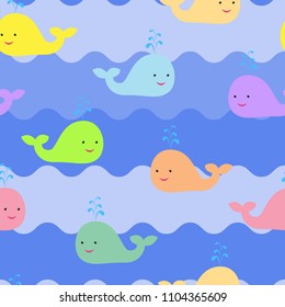Seamless pattern with cute multi-colored colorful whales on a white background. Suitable for the design of products for children and design of children's rooms.