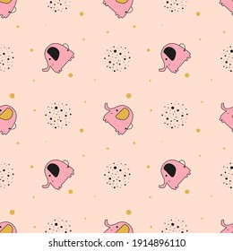 Seamless pattern with cute multicolored elephants on a yellow background. Vector baby background great for fabric and textile, baby clothes and bedding, packaging designs, cards and banners