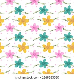 Seamless pattern with cute multicolored flowers and branches. Beautiful background, textile and scrapbooking. Vector illustration.