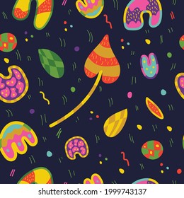 Patrón sin foco con lindas flores y formas multicolores. Para textiles, papel de envoltura y diseño. Ilustración vectorial.