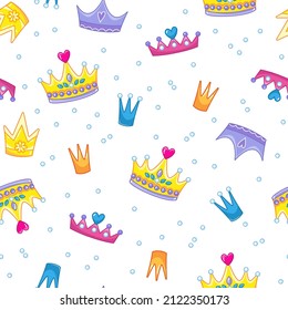 Seamless pattern with cute multicolored king or princess crowns on a white background. Tiara and pearls in a funny children's style. Vector illustration for print clothes, postcards, textiles