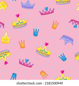 Seamless pattern with cute multicolored king or princess crowns on an pink background. Tiara and pearls in a funny children's style. Vector illustration for print clothes, postcards, textiles.