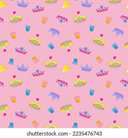 Seamless pattern with cute multicolored king or princess crowns on an pink background. Tiara and pearls in a funny children's style. Vector illustration for print clothes, postcards, textiles