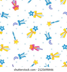Seamless pattern with cute multicolored magic wands decorated with stars, bows and other decorations. Magical children's print for clothes and cards. Vector illustration in a minimalistic flat style