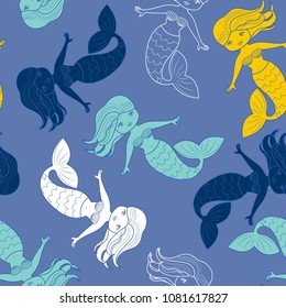 Seamless pattern with cute multi-colored mermaids. Hand-drawn vector composition.