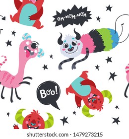 Seamless pattern with cute multi-colored monsters on a white background. Design with stars and funny lettering.