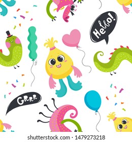 Seamless pattern with cute multi-colored monsters on a white background. Design with confetti and balloons, lettering.