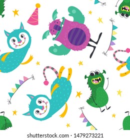 Seamless pattern with cute multi-colored monsters on a white background. Design with stars and garlands.