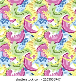 Seamless pattern of cute multicolored sleeping dinosaurs. Cartoon vector style. Abstract background of dinosaurs on white background. 